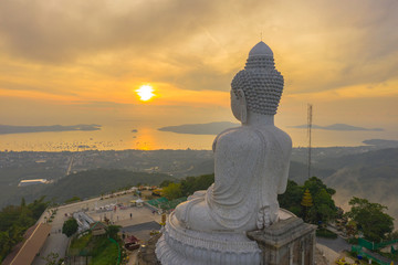 aerial view sunset at Phuket big Buddha viewpoint. Phuket Big Buddha is one of the island most important .and revered landmarks on Phuket island. © Narong Niemhom