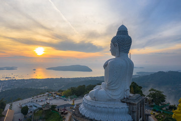 aerial view sunset at Phuket big Buddha viewpoint. Phuket Big Buddha is one of the island most important .and revered landmarks on Phuket island. © Narong Niemhom
