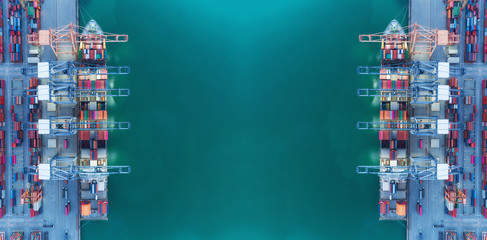 Aerial top view container ship at sea port and working crane bridge loading container for logistics import export, shipping or transportation.