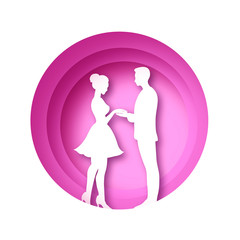 Obraz na płótnie Canvas Love paper cut style. Origami white silhouette couple. Valentines day. Lovely girl and boy. Circle layered frame. Pink.