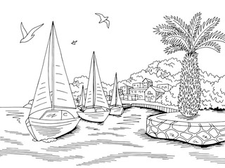 Seafront pier graphic yacht sea bay black white landscape sketch illustration vector