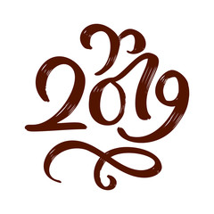 Handwritting flourish vector calligraphy text 2019. hand drawn New Year and Christmas lettering number 2019. Illustration for greeting card, invitation, holidays tag