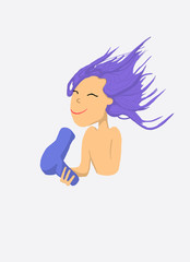 Girl with blue hairdryer. Girl drain blue hair. Bright colors. Beauty illustration.
