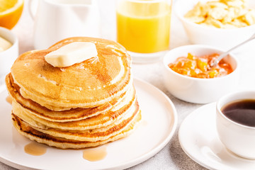 Delicious homemade breakfast with pancakes.