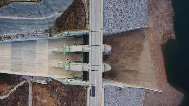 Aerial. Portuguese hydroelectro dam Odelouca, in mountains of Monchique. Algarve Portugal