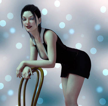 Woman in sexy clothes leans over a chair