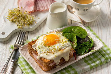 Fototapeta na wymiar Croque madame, hot french toasts with ham , cheese and egg. 