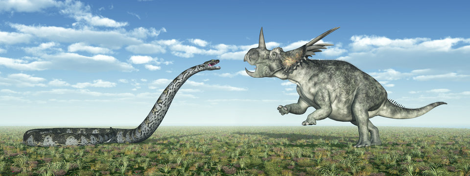 Riesenschlange Titanoboa und Dinosaurier Styracosaurus