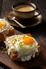 Croque madame, hot french toasts with ham , cheese and egg. 