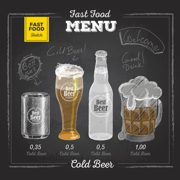 Vintage chalk drawing fast food menu. Cold beer