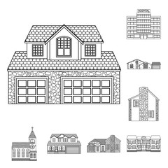 Vector illustration of building and front icon. Set of building and roof stock symbol for web.