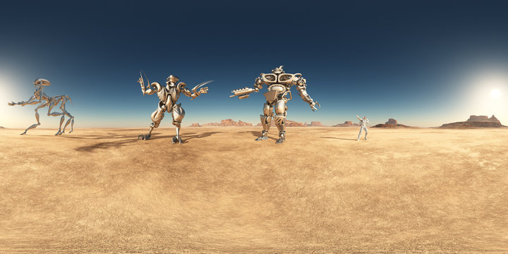 360 Grad Panorama mit Robotern und Astronaut in einer Wüste