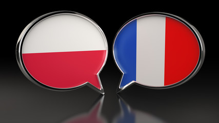 Poland and France flags with Speech Bubbles. 3D illustration