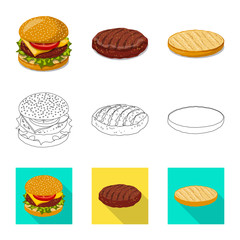 Vector illustration of burger and sandwich sign. Collection of burger and slice stock vector illustration.