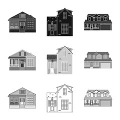 Vector illustration of building and front logo. Set of building and roof stock vector illustration.
