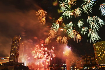 new year celebration fireworks on Cho Phraya river in Thailand