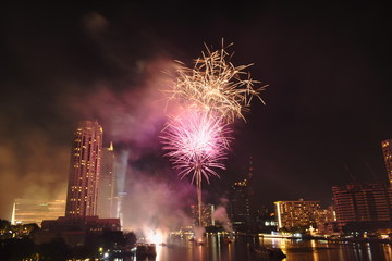 new year celebration fireworks on Cho Phraya river in Thailand