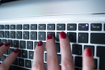 Woman typing on laptop pc - obrazy, fototapety, plakaty