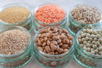 Organic superfood assortment in bowls