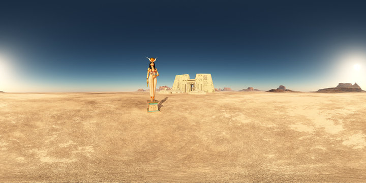 360 Grad Panorama mit dem Tempel des Horus von Edfu und der Göttin Hathor