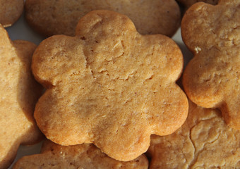 Flower shape biscuit. Golden biscuit over a white background.