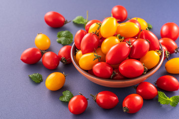 Fresh cherry tomatoes in a wooden bowl isolated on a blue background, close up, copy space
