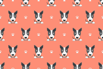 Vector cartoon character bull terrier dog seamless pattern for design.