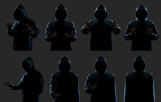 Group of character man in blue hood cloth in multiple actions with dark light isolated on gray background