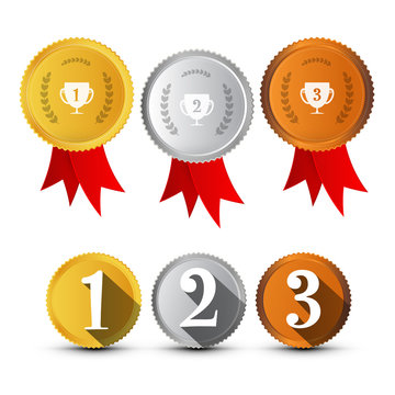 First, Secon, Third Place Medals Symbols Set. Gold, Silver, Bronze Vector Awards Icons.