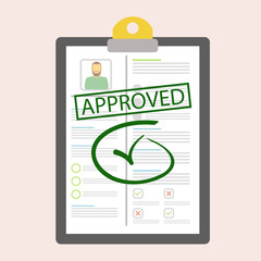 Approved document. The concept of approval of a document with a stamp. Vector illustration. 