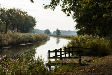 Obraz premium Wooden fishing pier hanging over riverside on a bright and lazy day providing perfect conditions for fishing.