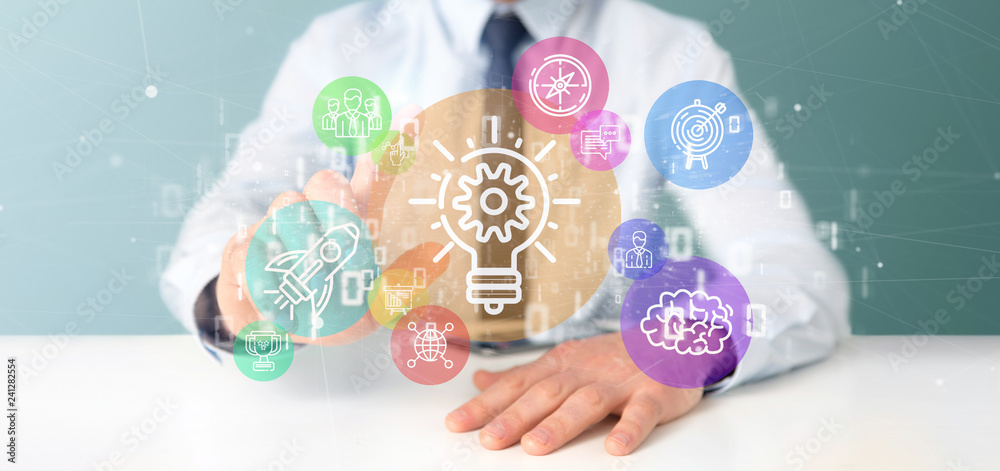 Poster cloud of colorfull start up icon bubble with data businessman holding a binary 3d rendering