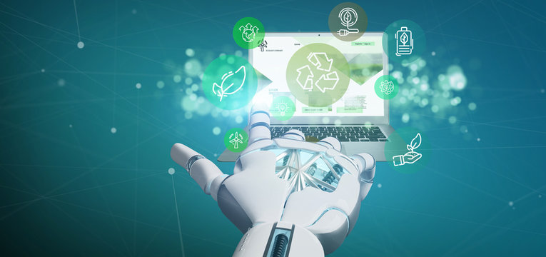 Cyborg hand holding a Cloud of green ecology icon bubble with a laptop 3d rendering
