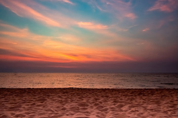 Fototapeta na wymiar sand beach sea on twilight sky cloud background, sun set time, copy space
