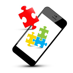 Colorful Puzzle Pieces on Smartphone. Mobile Phone and Jigsaw Isolated on White Background.