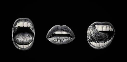 Emotional lips set. Passion of female open seductive mouth with lip make up. Female desire. Close up of isolated open girl lips on black background. Dark color of open mouth. White teeth and tongue. - 241284766