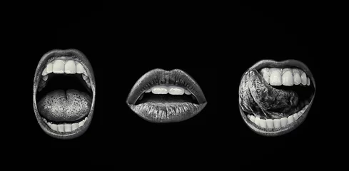 Emotional lips set. Passion of female open seductive mouth with lip make up. Female desire. Close up of isolated open girl lips on black background. Dark color of open mouth. White teeth and tongue. © Tverdokhlib