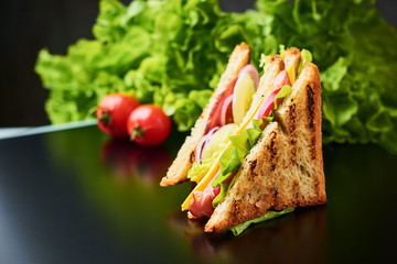 sandwiches with ham, lettuce and fresh vegetables on a dark background