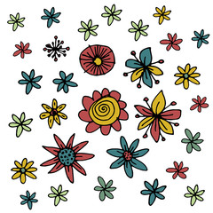 vector collection of a hand drawn illustration of cute, colorful set of flowers, with bloom and blossom, perfect as a texture, background or birthday card