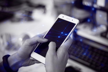 use smartphone with hand for social media network internet technology