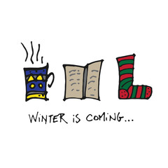 vector background with a winter and cosy items as a book, hot tea, warm socks and snow flakes for a lovely moments at home 