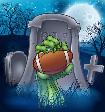 A Sports Halloween Graveyard Illustration With A Zombie Hand Breaking Out Of A Grave Holding An American Football Ball.