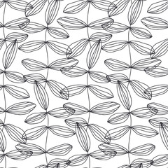 Fototapeta premium Seamless pattern with abstract leaves on white background. Black and white vector illustration. Outline drawing. Nature background.