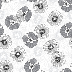 Seamless pattern with flowers on white background. Monochrome vector illustration. Floral background.