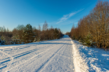 snow covered winter road with tire tracks