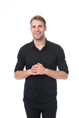 Reasons black is the only color worth wearing. Man elegant manager wear black formal outfit on white background. Elegance in simplicity. Rules for wearing all black clothing. Black fashion trend