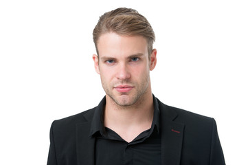 Black fashion trend. Man elegant manager wear black formal outfit on white background. Reasons black is the only color worth wearing. Elegance in simplicity. Rules for wearing all black clothing