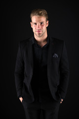 Fototapeta premium Elegance in simplicity. Rules for wearing all black clothing. Black fashion trend. Man elegant manager wear black formal outfit on dark background. Reasons black is the only color worth wearing