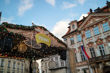 Fototapeta na wymiar Festive Christmas market at the Old Town Square in Prague, Czech Republic.
