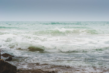 The incredible seascaping view of beach with blue sea in morocco in summer